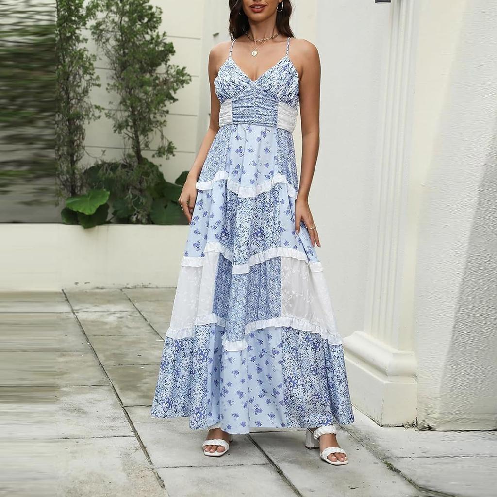 Women's Spring/Summer Casual V-Neck Floral Printed Beach Midi Dresses