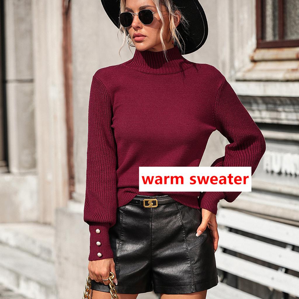 Women's New Autumn And Winter Solid Color Pullover Student Sweater Turtleneck Beaded Versatile Warm Top Sweater