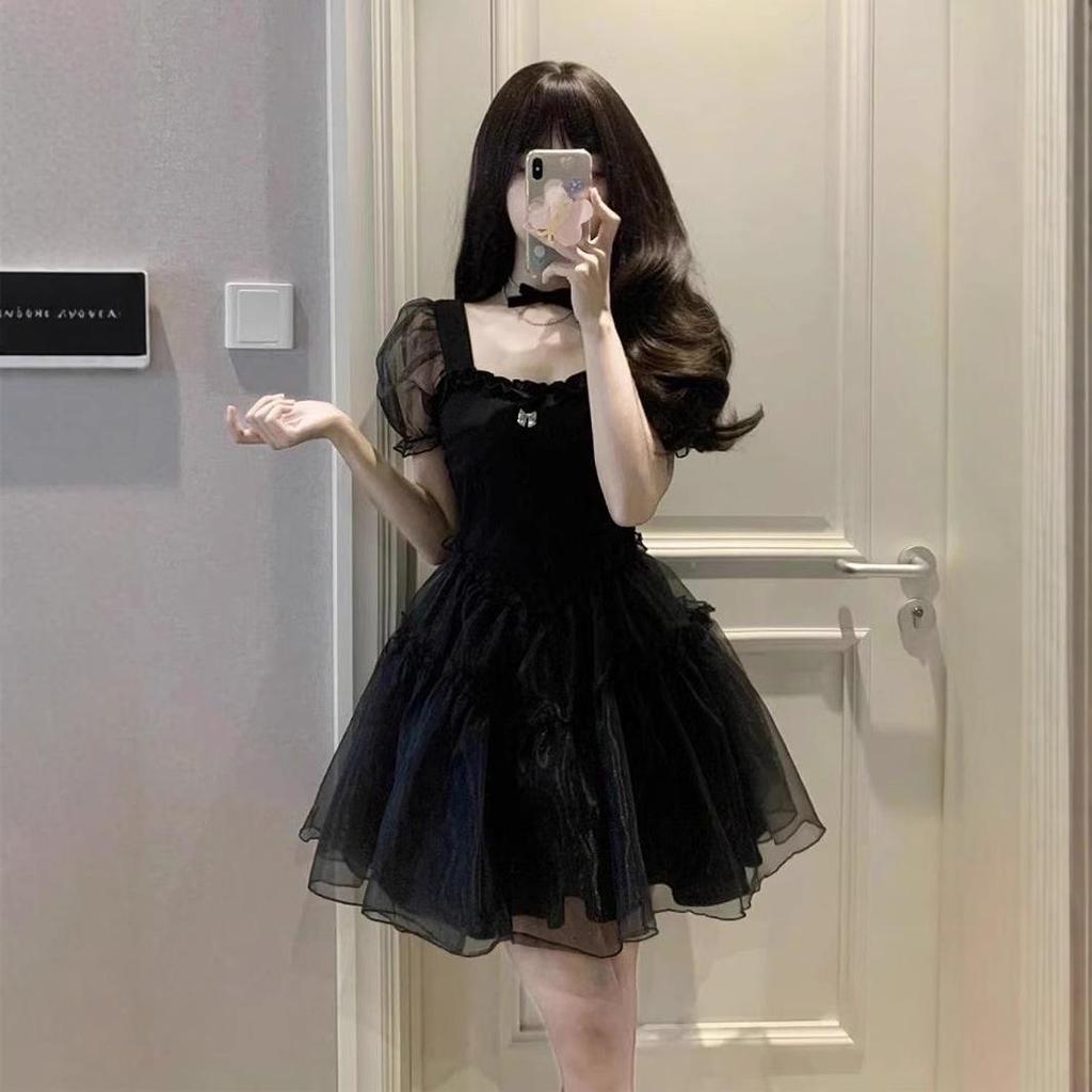 Women's High-End French Style Black Puff Sleeve Dress - Summer Waist-Hugging Short Princess Dress