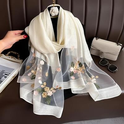 Spring and Autumn New Bead Simulation Silk Scarf Female Elegant Versatile Embroidered Begonia Flower Long Scarf Summer Sunscreen Scarf