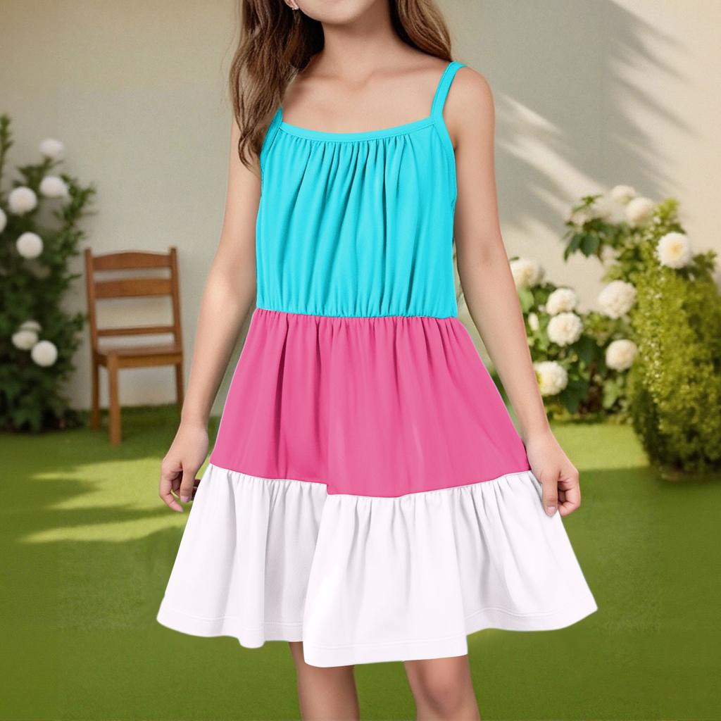 Rochie de vară casual pentru copii, cu gât rotund, culoare uni, fără mâneci