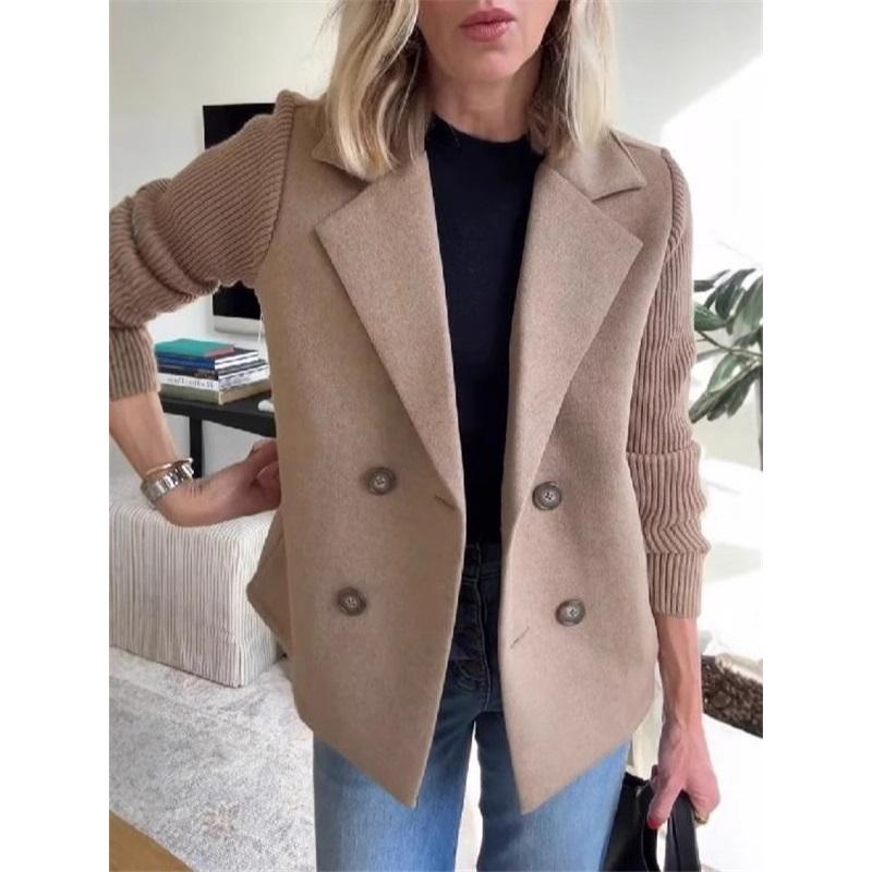 Women's Double Breasted Knit Sleeve Blazer Patchwork Wool Blend Notched Lapel Office Jacket
