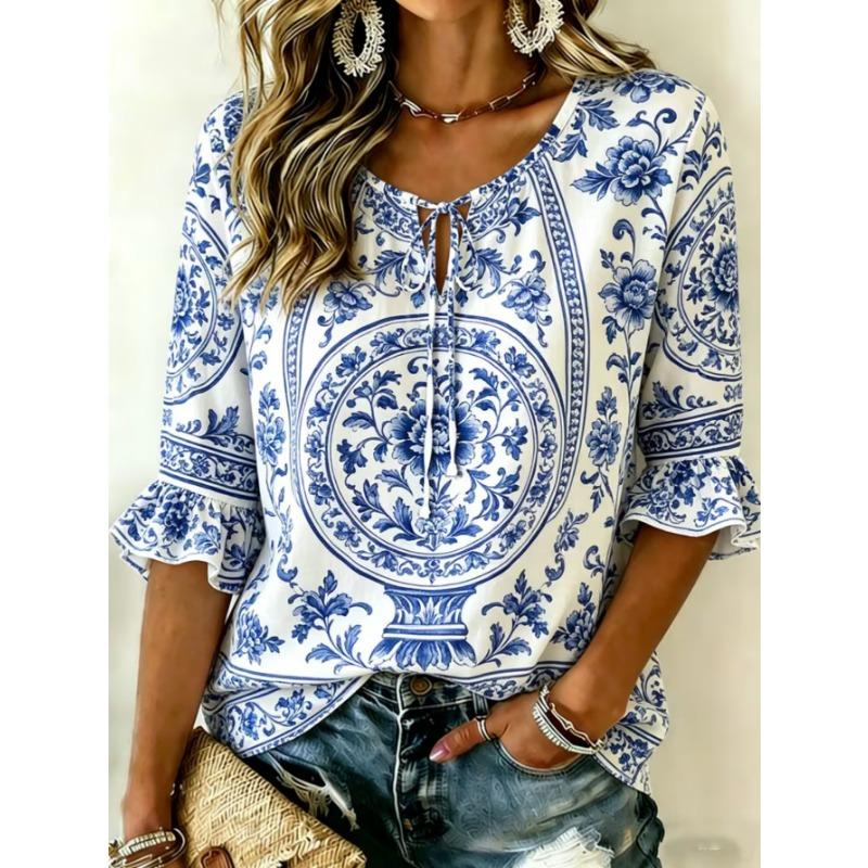 Women's Elegant Printed Lace-up Flared Top, Stylish and Versatile, Comfortable and Skin-friendly
