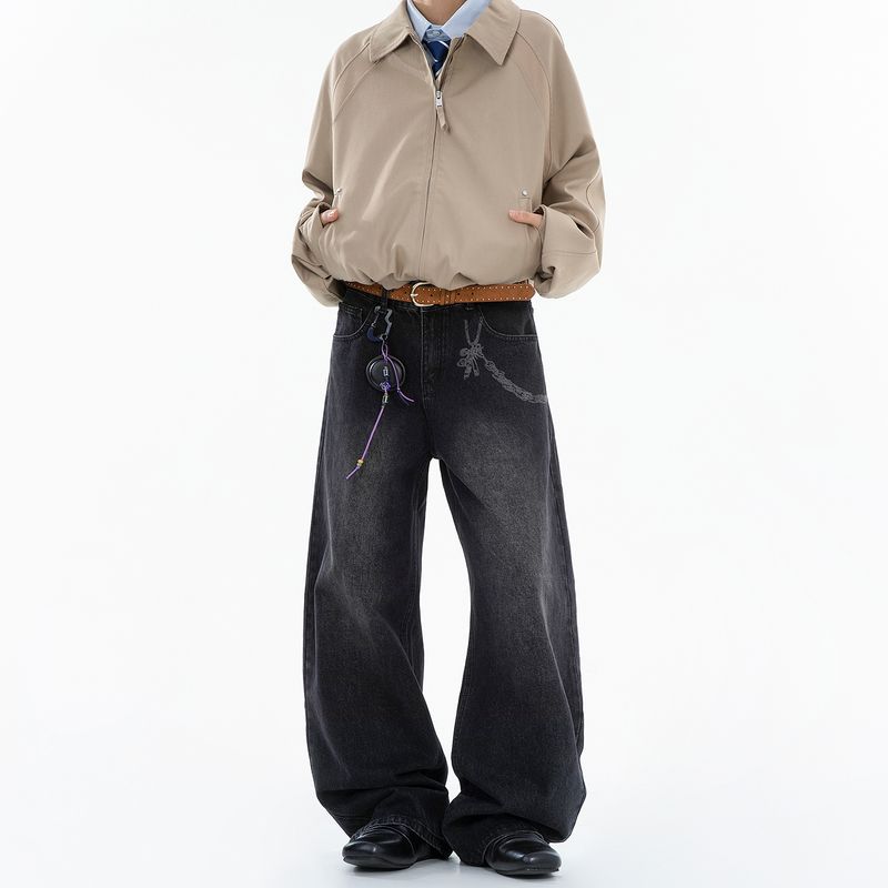 

Dream Made American-Style Design Washed Vintage Jeans for Men, Autumn and Winter Straight-Leg Wide-Leg Pants for Boys Black 2XL