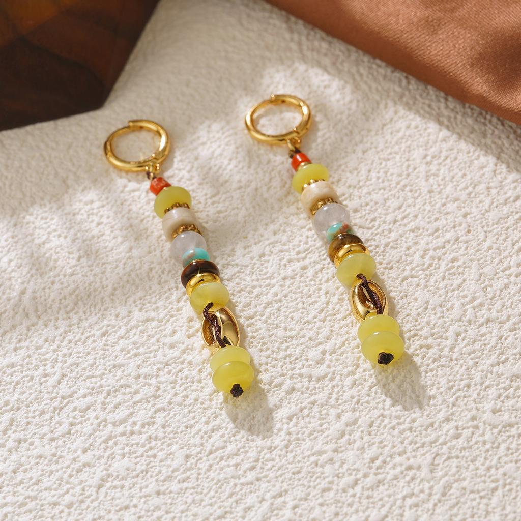 European and American colored natural stone Bohemian style does not fade earrings, vacation travel bracelets, fringed beaded earrings, women