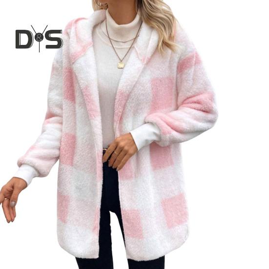 

Жіноче зимове пальто контрастного кольору в клітчасту клітку, товсте двостороннє оксамитове пальто з відкритим швом і еластичними манжетами, вільне пальто для збереження тепла S рожевий