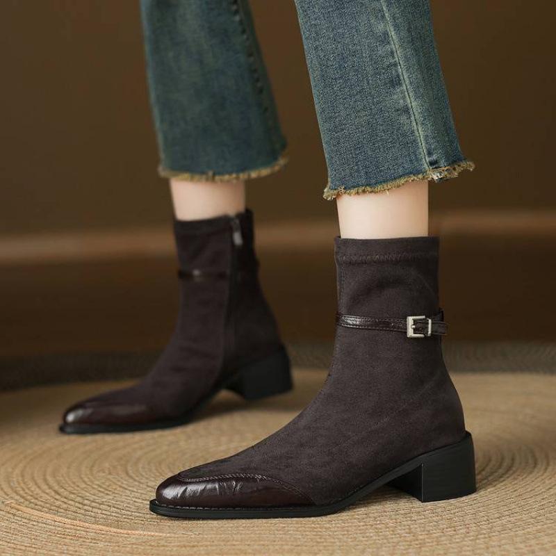 Korean version of comfortable side zipper pointed middle heel Martin boots solid color elastic suede autumn and winter square heel new medium boots