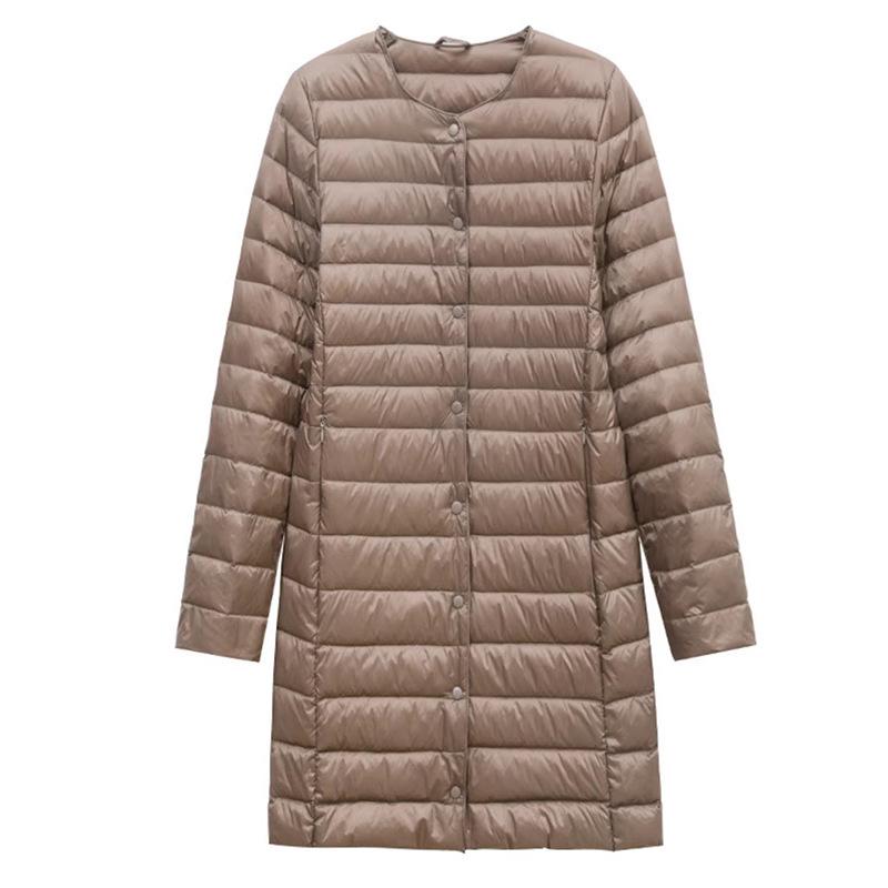 Large size light and thin down jacket women's medium and long autumn and winter warm round neck hidden button thin casual liner jacket tide