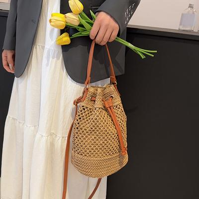 Borsa a Spalla da Donna Tessuta a Mano Borsa a Secchiello di Paglia Sumple Coulisse Borsa a Tracolla Borsa da Spiaggia in Rattan per Ragazze