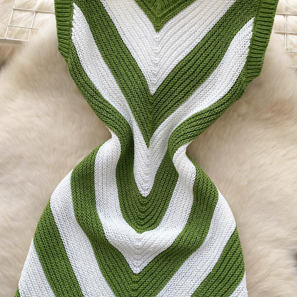 Summer Women Casual V-neck Sleeveless Knitted Tassel Striped Sweater Slim Bodycon Mini Short Sheath Dresses