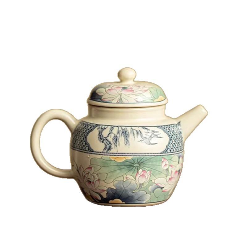 National style lotus rhyme ceramic hand-held pot high value women's teapot lotus retro household kung fu tea set tea maker