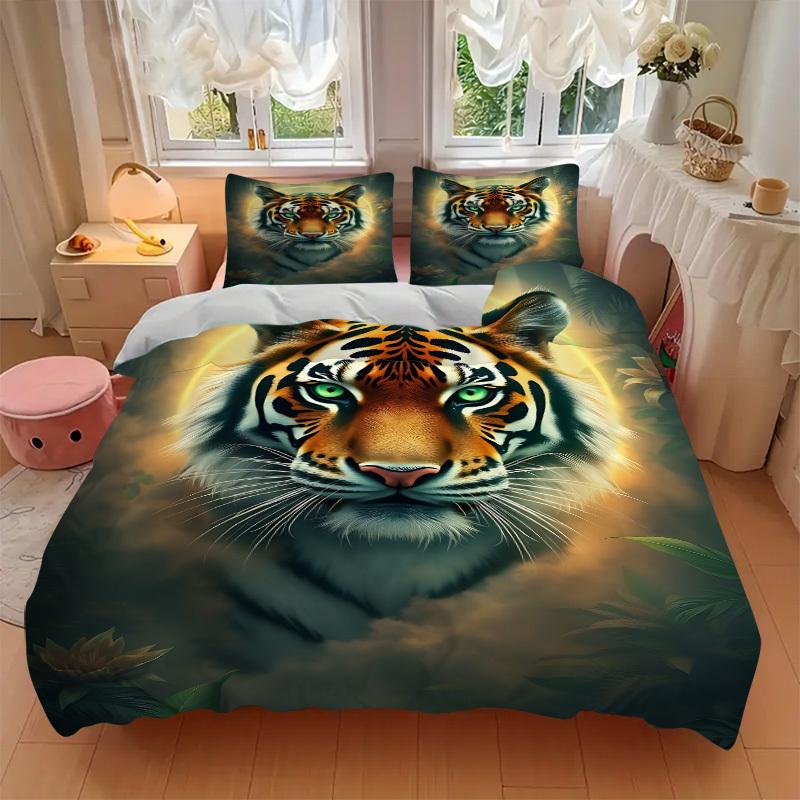 3pcs Tiger Print Duvet Cover Set, Cover For Bedroom Guest Room (1 Duvet Cover + 2 Pillowcase, Without Quilt), yy250922135