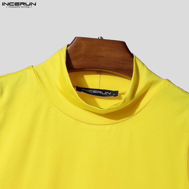INCERUN Men's Sexy Short Sleeve Turtleneck Slim Fit See Through Mesh T-Shirt Muscle Tops Party Clubwear
