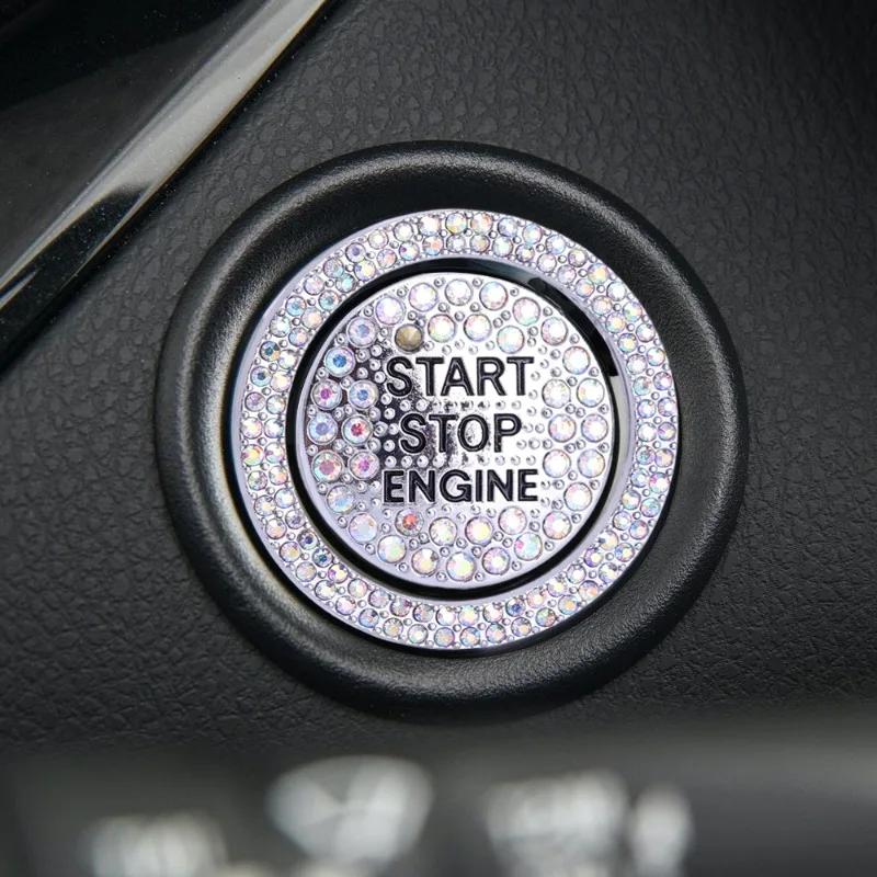 2Pcs/set Car Start Switch Button Sticker Rhinestone Ring Circle Trims Protective Cover Diamond Decorative Decal Auto Accessories