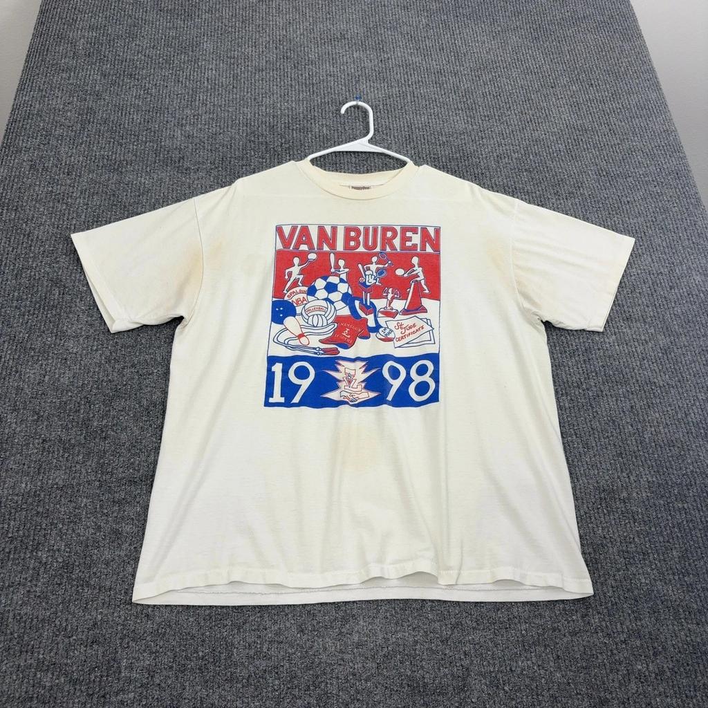Vintage Van Buren T Shirt Mens XL Cream 100% Cotton 1998 Multi Sport 90s Style