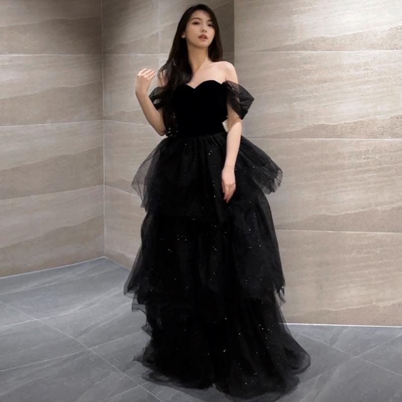 Black Evening Dress Skirt Light Luxury Niche French Tutu Skirt Host Female Summer Art Examination Graduation Adult Ceremony Feeling