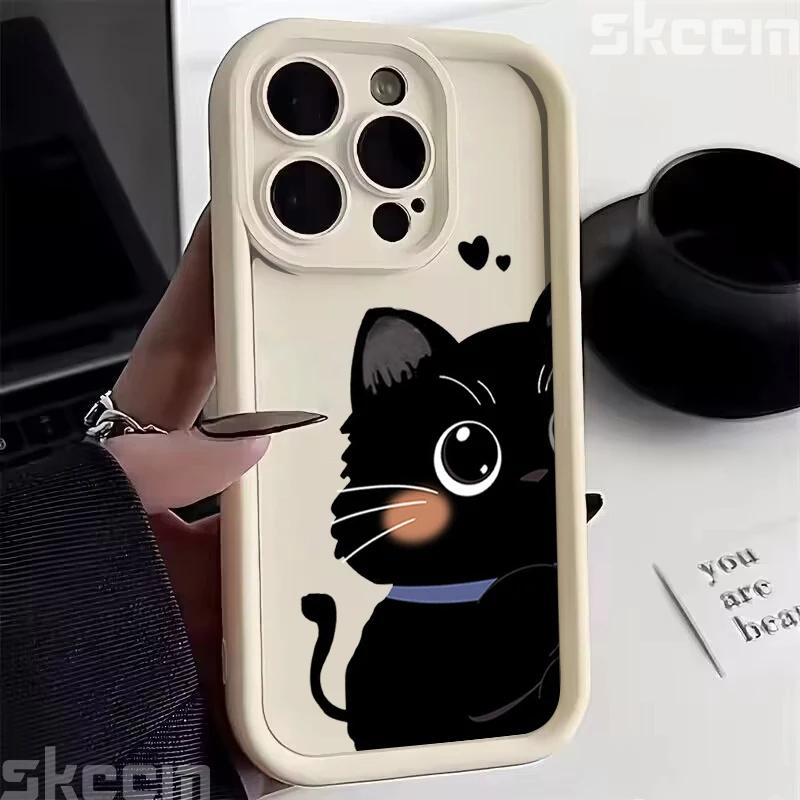 Cute Cartoon Black White Cat Phone Case For iPhone 16 Pro Max 15 14 13 12 11 XS XR X 8 7 15 Plus Shockproof Soft Silicone Cover