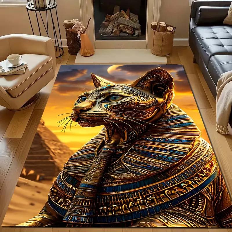 Ägyptische Mythologie Schwarze Katze Teppich für Wohnzimmer Heimdeko Rutschfeste Bodenmatte für Schlafzimmer Große Flächenteppiche Waschbare Teppiche