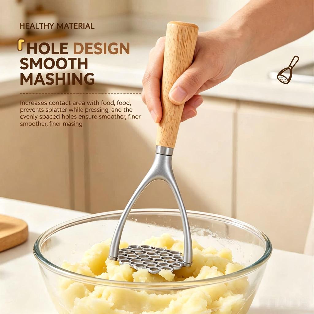 Aluminum Manual Potato Masher, Meat Potato Press Tool, Mixer, Food Cutter, Grinder, Wooden Handle Garlic Pusher, Kitchen Utensil