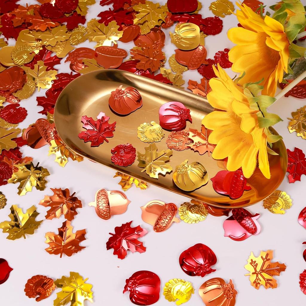200 Pieces Fall Confetti, Thanksgiving Maple Leaves, Turkey, Pumpkin, Acorn Sprinkles Foil Metallic Table Scatter Confetti for Fall Party