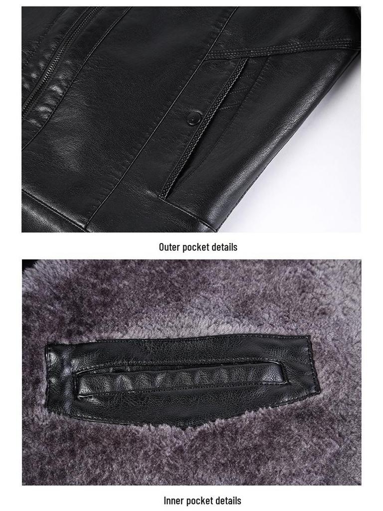 Men's Winter Fleece Lined Genuine Sheepskin Leather Jacket with Fur Trim