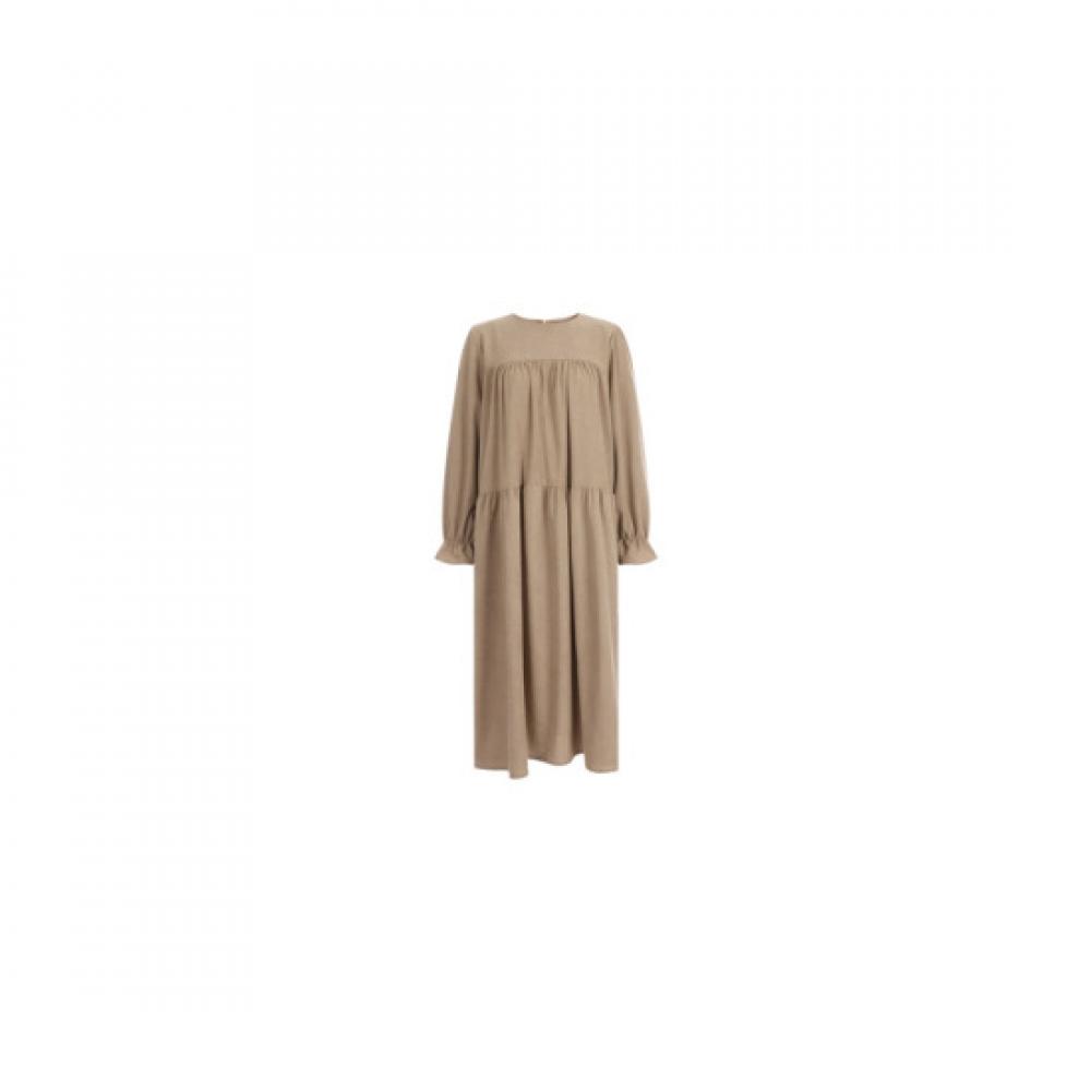 Shop Women Round Neck 3 Tier Ruffle Suede Corduroy Long Dress Beige Pic Wdr 20