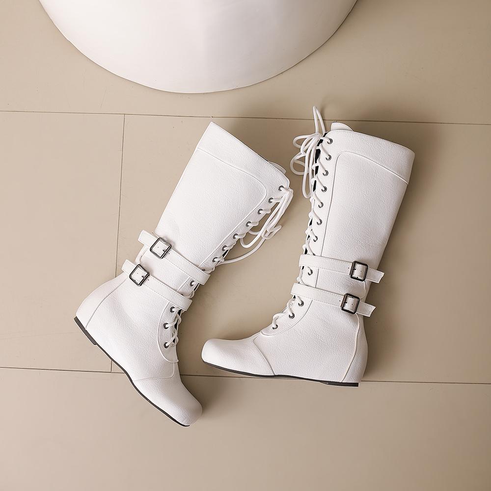 White Brown Women Mid Calf Boots Med Wedge Heel Big Size 50