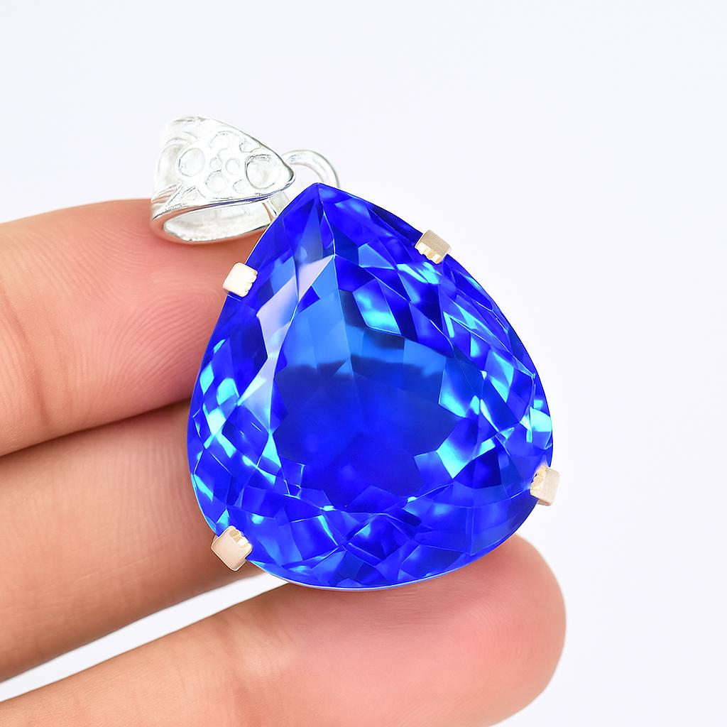 Natural Blue Topaz 925 Sterling Silver CERTIFIED 51.55 Ct Pear Shaped Pendant AI-95-NS