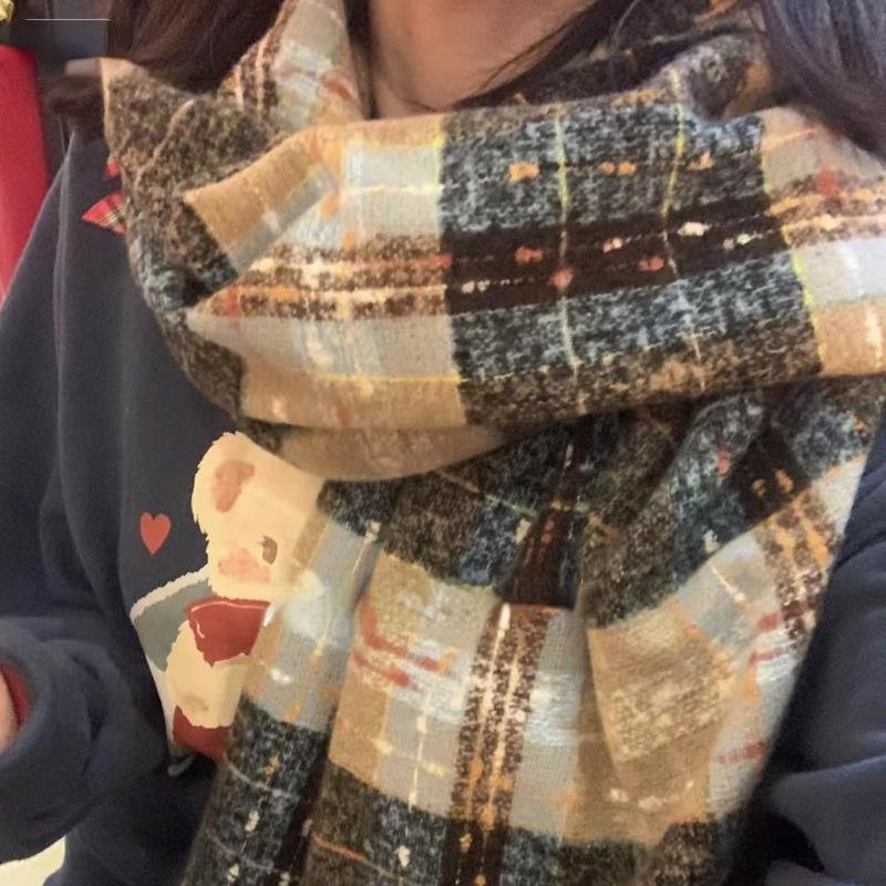 Tassel Retro Contrast Plaid Scarf Women's Niche Winter Korean Versatile Warm Scarf Student Imitation Cashmere Shawl