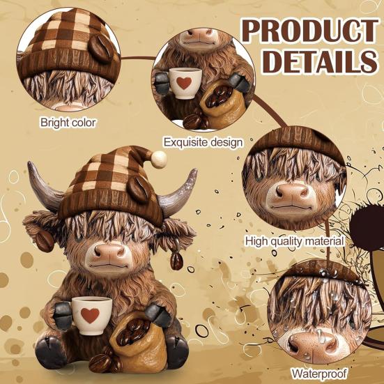 Yousheng 1/2Pcs Coffee Cup Highland Cow Figurine Coffee Bean Highland Cattle Resin Statue Sculpture Decoration Ornament Calf Lovers Gifts