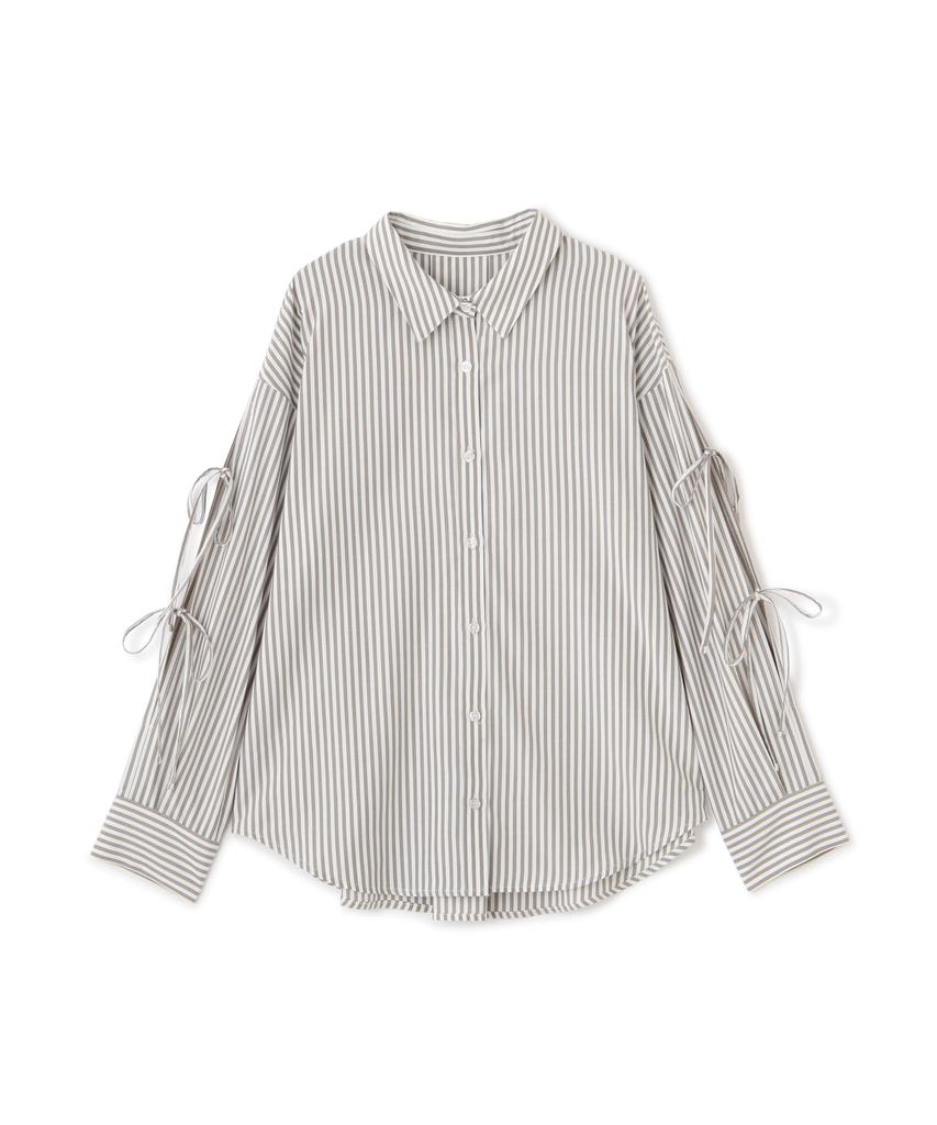 N Natural Beauty Oversized Ribbon Sleeve Gray Stripe Basic Shirt, Women's,