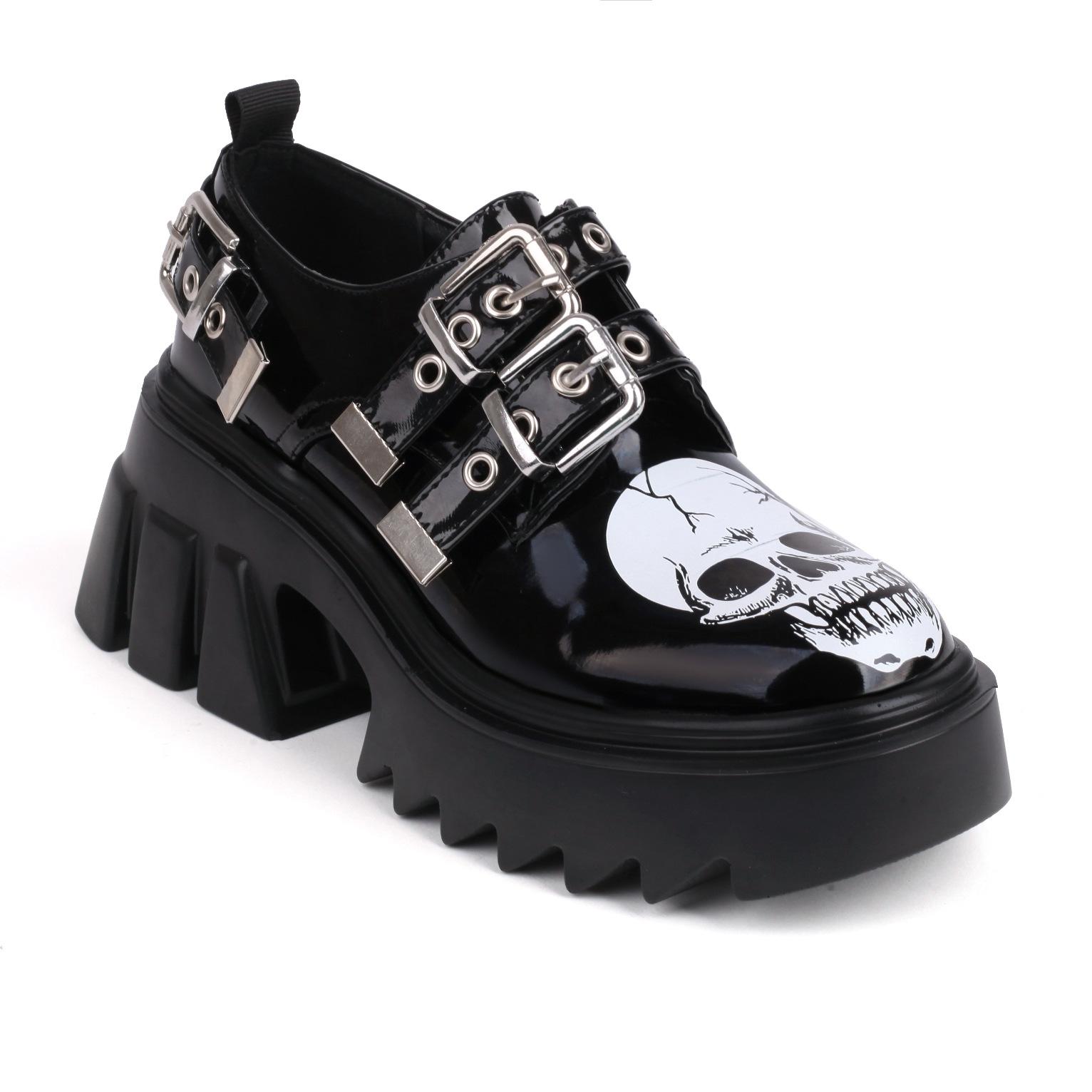 Туфли на толстой металлической подошве с большим черепом, женская обувь в темном панк-панке с готической пряжкой на ремне 36 чёрный
