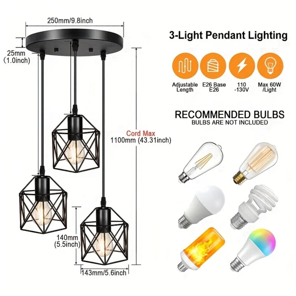 New Vintage Black Metal Shade Pendant Lamp Chandelier for Living and Dining Room