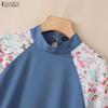 ZANZEA Women Casual Stand Collar Print Splice Half Sleeve Summer Blouse