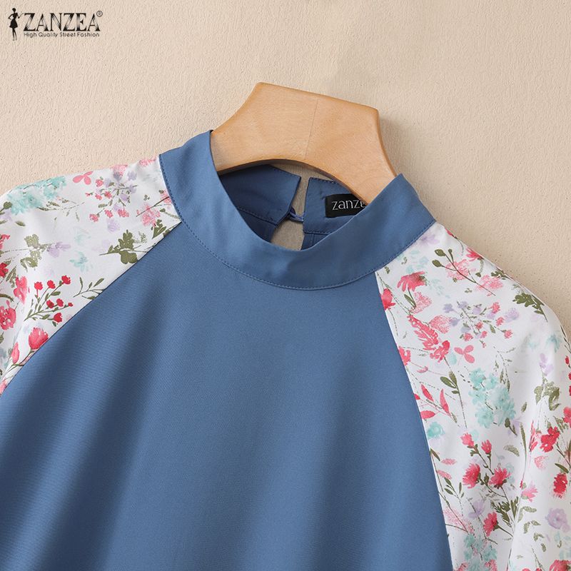 ZANZEA Women Casual Stand Collar Print Splice Half Sleeve Summer Blouse