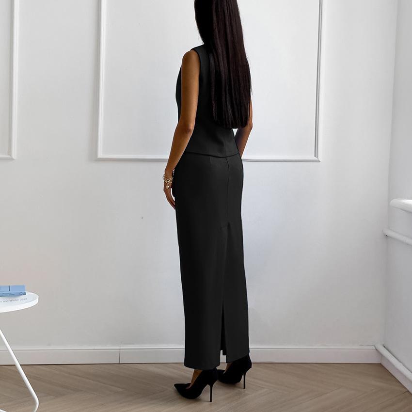 Temperament black mysterious V-neck sleeveless vest long split skirt set summer sexy casual commuter women's clothing