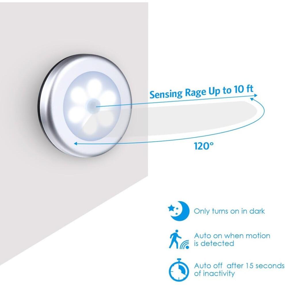 Motion Sensor Light, Cordless Battery Operated LED Night Light (Silver - White Light - 6 Pack)