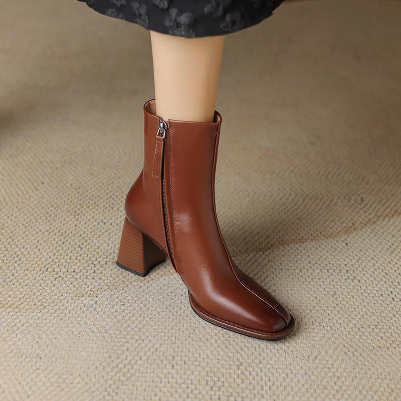 Fashion 2024 Autumn/Winter Women Boots Square Toe High Heel Shoes for Women Leather Boots Women Handemade Shoes Mid-calf Ladies Shoes
