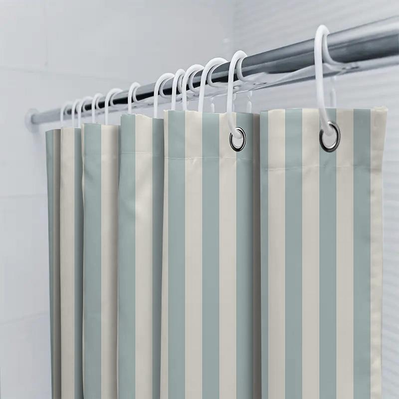 Elegant Blue and White Striped Bathroom Curtain Waterproof Fabric Modern Minimalist Design SpaceSuitable for Wet& Dry Separati