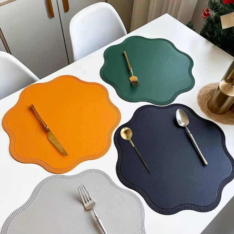 1Pcs Waterproof Non-Slip Kitchen Tableware Pad Flower Shaped Leather Placemats Heat-Resistant Place Mats Christmas Decor