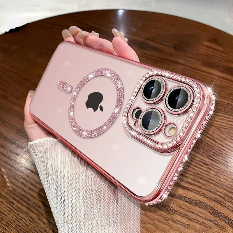 Bling Crystal Lens Film Phone Case For iPhone 16 15 11 12 13 14 Pro Max Plus For Magsafe Magnetic Wireless Charging Clear Cover