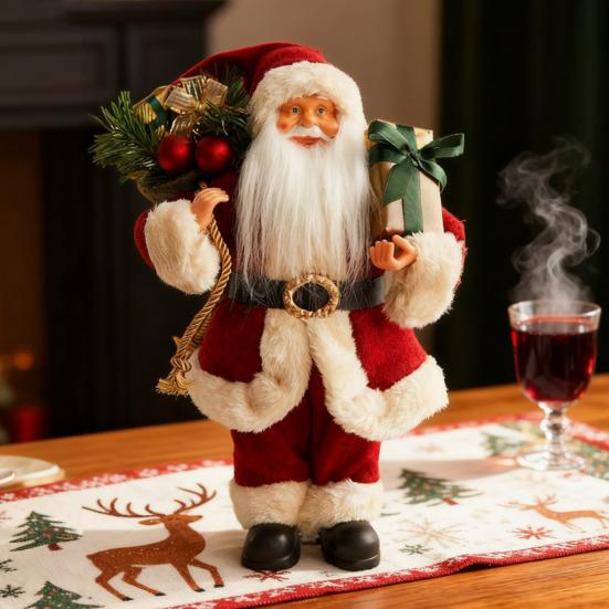 12" Christmas Santa Figurines Standing Santa Claus Doll with Present Box for Holiday Party Window Home Desktop Decoration