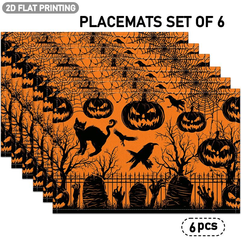 4pcs/6pcs Gothic Placemats Suitable for Halloween Table Decor with Pumpkin, Spiderweb, Black Cat, Crow & Tombstone Patterns - Rectangular Table for Pa