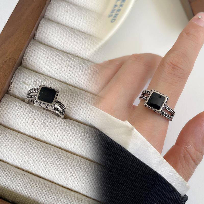 Black Drip Glaze Retro Thai Silver Jewelry Women's Non-fading High-end Open Ring