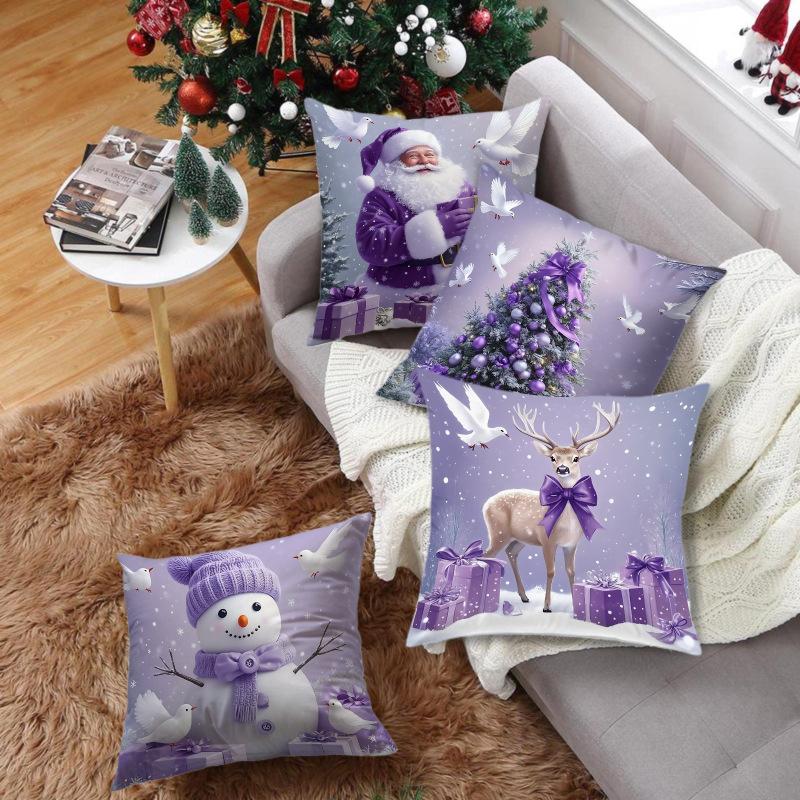 New Christmas Square Purple Decorative Pillowcase Santa Claus Snowman Single-sided Printed Pillowcase
