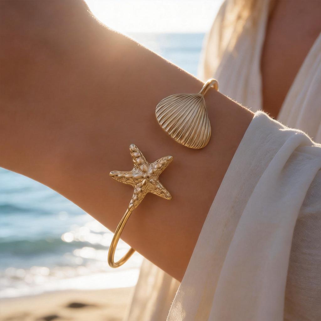 Minimalist Starfish Shell Cuff Bracelet for Women Gold Color Stainless Steel Bangle Ocean Style Bracelets Fashion Wrist Jewelry