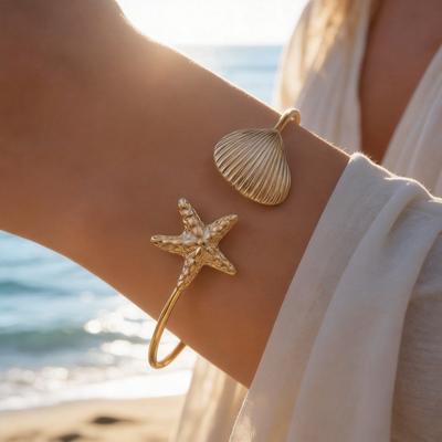 Minimalist Starfish Shell Cuff Bracelet for Women Gold Color Stainless Steel Bangle Ocean Style Bracelets Fashion Wrist Jewelry