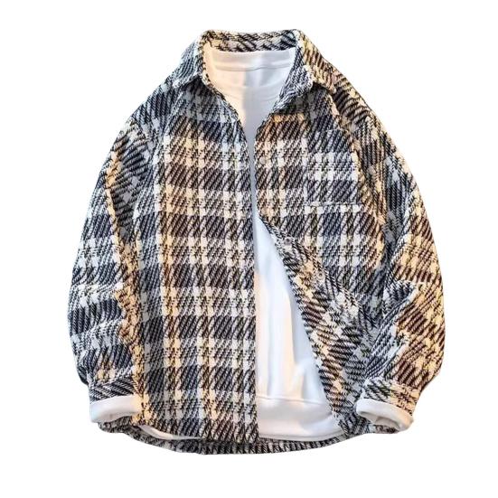 Men Woolen Jacket Lapel Long Sleeve Plaid Pattern Single-Breasted Coat with Chest Pocket Loose Fit Jacket Coat