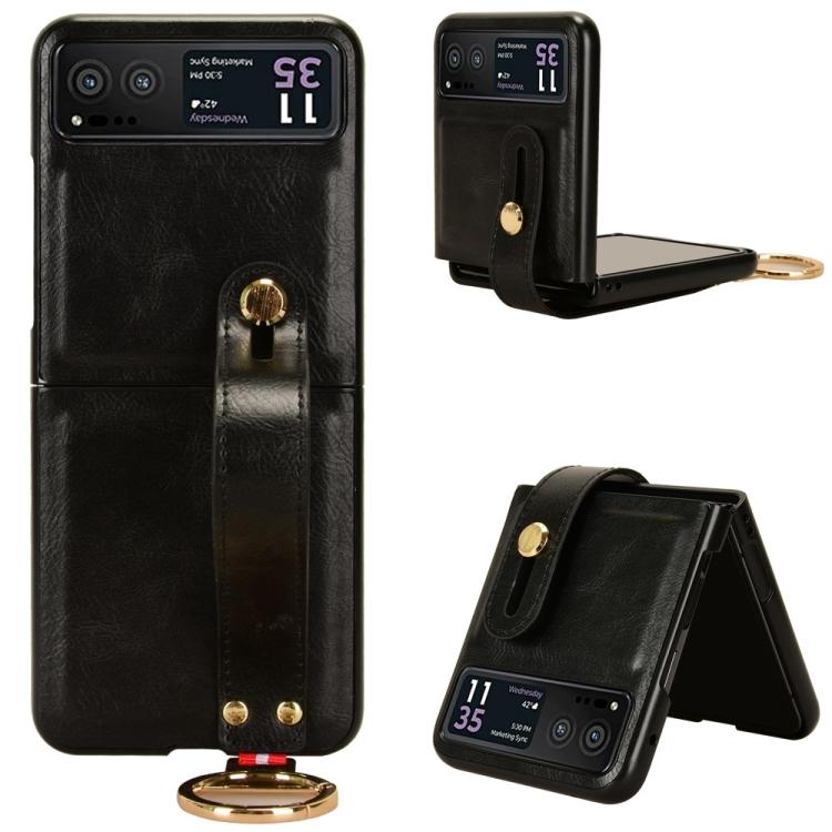 

Чехол для телефона с кожаной задней панелью и ремешком на запястье For Motorola Razr 40 чёрный