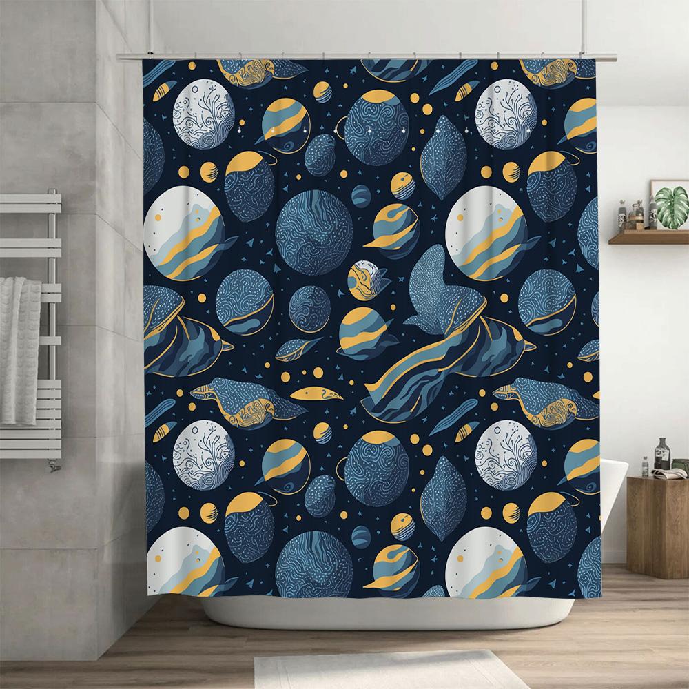 Space-Themed Shower Curtain: Blue Planets Design Bathroom Decor For Kids Adults Waterproof Fabric Shampoo Bag Cover